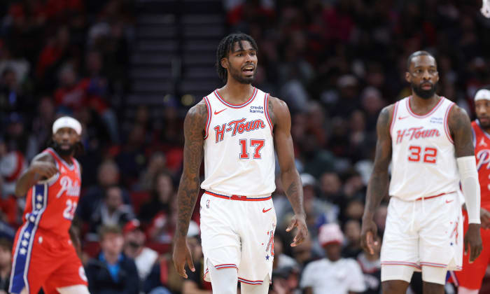 Rockets forward Tari Eason (17) reacts after a call during the fourth quarter against the Philadelphia 76ers at Toyota Center.